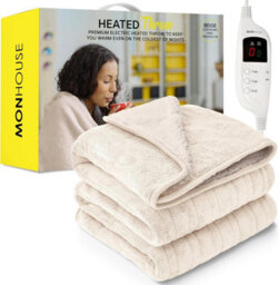Monhouse Heated Throw - Electric Blanket - Digital Controller - 9Hr Timer, 9 Heat Settings - King 180X200Cm - Beige Shearling