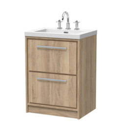 Hudson Reed Lille Floor Standing Two Drawer Contemporary Vanity Unit With 3 Tap Hole Basin In Bleached Oak, 613 X 462mm - thumbnail 1