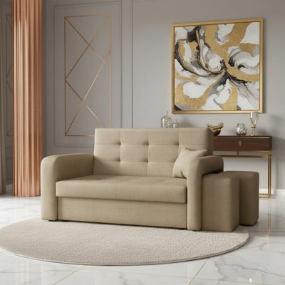 Viva Home Ii Sofa Bed With 2 Ottomans For Living Room Chipboard Polyurethane Foam Metal Legs 158Cm Wide Beige Right - image 1