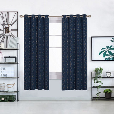 Deconovo Eyelet Blackout Curtains, Gold Diamond Printed Curtains For Boys Bedroom, 46 X 72 Inch, Navy Blue, One Pair - image 1