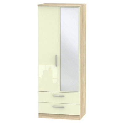 Trent Tall 2 Drawer Mirrored Wardrobe In Cream & Bardolino Oak (Ready Assembled)