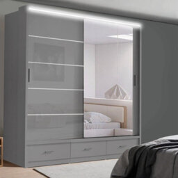 Ie Florence Wardrobe With Mirrors, Drawers & Shelves Sliding Door Wardrobe ( Grey, 205 Cm ) - thumbnail 1