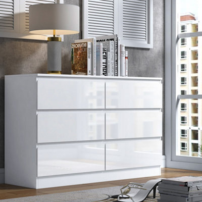 Fwstyle Stora White Gloss 6 Drawer Chest (H) 77Cm (W) 110Cm (D) 40Cm - Extra Deep 14Cm Drawers - image 1