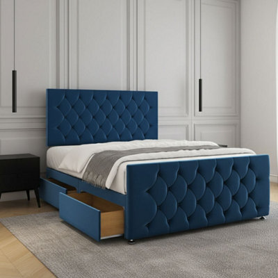 REGIONAL FURNISHINGS Luxury Divan Bed Set Blue Plush Velvet 24Inch Headboard & Footboard 2Drawersfootend & Mattress In 4Ft 4Ft6 5Ft 6Ft Sizes - image 1
