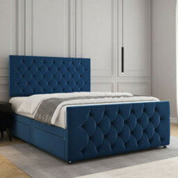 REGIONAL FURNISHINGS Luxury Divan Bed Set Blue Plush Velvet 24Inch Headboard & Footboard 2Drawersfootend & Mattress In 4Ft 4Ft6 5Ft 6Ft Sizes - thumbnail 3