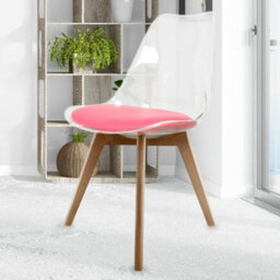 Fusion Living Soho Clear And Bright Pink Plastic Dining Chair With Squared Light Wood Legs - thumbnail 2