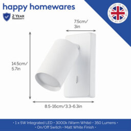 Happy Homewares Modern Designer Led Powered Matt White Metal Spot Wall Light Fixture With Switch - thumbnail 3