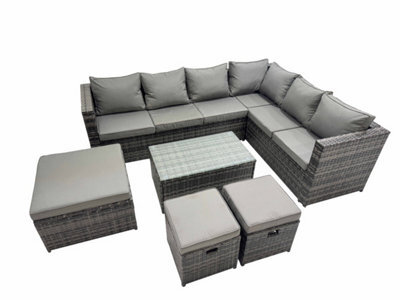 Fimous Outdoor Pe Rattan Garden Furniture Sofa Set With Oblong Coffee Table Big Stool 2 Small Stools Dark Grey - image 1
