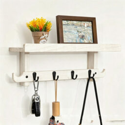 Amorly Wooden Wall Mounted Coat Rack With Shelf, White Entryway Key Hook Rack, 4 Hooks Hanging Storage Organizer For Hallway Bathroom - thumbnail 1