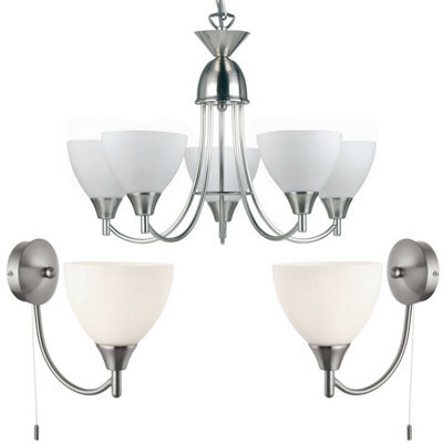 5 Lamp Ceiling & 2X Wall Light Pack Satin Chrome Glass Matching Indoor Fittings - image 1