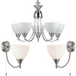 5 Lamp Ceiling & 2X Wall Light Pack Satin Chrome Glass Matching Indoor Fittings - thumbnail 1