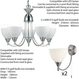 5 Lamp Ceiling & 2X Wall Light Pack Satin Chrome Glass Matching Indoor Fittings - thumbnail 2