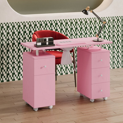 Living And Home Pink Professional Mobile 4 Drawers Manicure Table With Built-In Dust Collector And Lockable Casters, 110Cm(W) X 45Cm(D) X 75Cm(H) - image 1