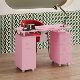 Living And Home Pink Professional Mobile 4 Drawers Manicure Table With Built-In Dust Collector And Lockable Casters, 110Cm(W) X 45Cm(D) X 75Cm(H) - thumbnail 1