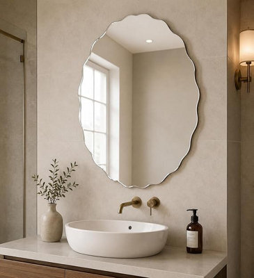 Biznest Silver Frameless Oval Wall Hanging Mirror Bevelled Border Zig Zag Edge Asymmetrical Design Hallway Furniture Decor 40X60Cm - image 1
