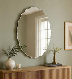 Biznest Silver Frameless Oval Wall Hanging Mirror Bevelled Border Zig Zag Edge Asymmetrical Design Hallway Furniture Decor 40X60Cm - thumbnail 2