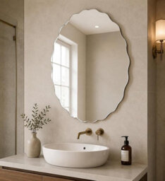 Biznest Silver Frameless Oval Wall Hanging Mirror Bevelled Border Zig Zag Edge Asymmetrical Design Hallway Furniture Decor 40X60Cm