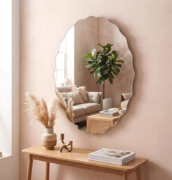 Biznest Silver Frameless Oval Wall Hanging Mirror Bevelled Border Zig Zag Edge Asymmetrical Design Hallway Furniture Decor 40X60Cm - thumbnail 3