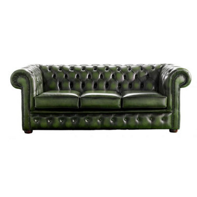 Chesterfield 3 Seater Antique Green Leather Sofa Bespoke In Classic Style - image 1