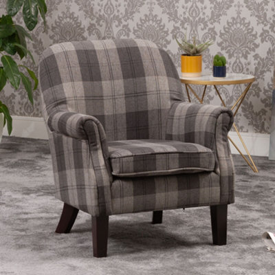 Candia 65Cm Grey Chequered Fabric Armchair With Dark And Light Wooden Legs - image 1