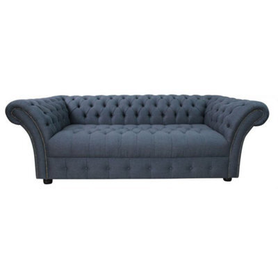 Chesterfield 3 Seater Buttoned Seat Grampian Marine Blue Fabric Sofa In Balmoral Style - image 1