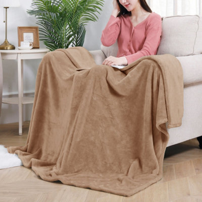 Ameha Fleece Plain Blanket, Lightweight & Reversible Throw For Travel, Bed & Sofa Blanket, Camel Super King 230X270Cm - image 1