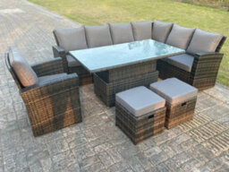 Fimous High Back Rattan Garden Furniture Corner Sofa Sets Adjustable Rising Table Set Dark Mixed Grey 9 Seater - thumbnail 3