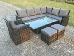 Fimous High Back Rattan Garden Furniture Corner Sofa Sets Adjustable Rising Table Set Dark Mixed Grey 9 Seater - thumbnail 4