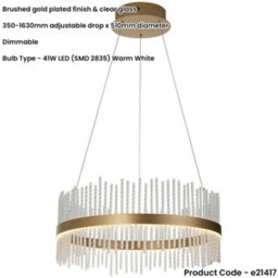 Loops Hanging Ceiling Pendant Light - Brushed Gold Plated Finish & Clear Glass - 41W Led (Smd 2835) Warm White - thumbnail 2