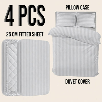 Oxford Homeware White Double Stripe Soft Microfiber Duvet Cover, Fitted Sheet & Pillowcase Set 4 Piece Bedding Set