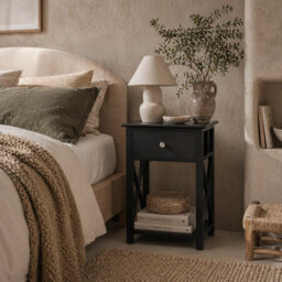Wyld Haus Vidodo Black Wooden Bedside Table With Drawer, X-Bar Base And Lower Shelf - Compact 40X30X55Cm - thumbnail 1