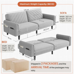 Yaheetech 3 Seater Convertible Sofa Bed For Limited Space- Light Grey - thumbnail 4