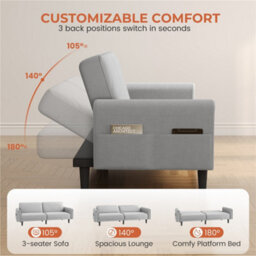 Yaheetech 3 Seater Convertible Sofa Bed For Limited Space- Light Grey - thumbnail 5
