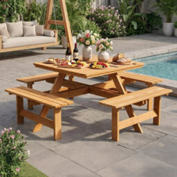 Light Brown Garden Picnic Table With Bench & Parasol Hole, Pub Table Set, Square - thumbnail 4