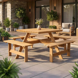 Light Brown Garden Picnic Table With Bench & Parasol Hole, Pub Table Set, Square - thumbnail 3