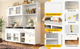 Abrihome Modern White & Gold Storage Cabinet W/ Glass Door, Wine Holder, Multi-Layered Shelves - Home & Restaurant Use (145X39X171Cm) - thumbnail 5