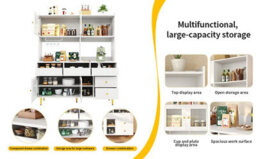Abrihome Modern White & Gold Storage Cabinet W/ Glass Door, Wine Holder, Multi-Layered Shelves - Home & Restaurant Use (145X39X171Cm) - thumbnail 6