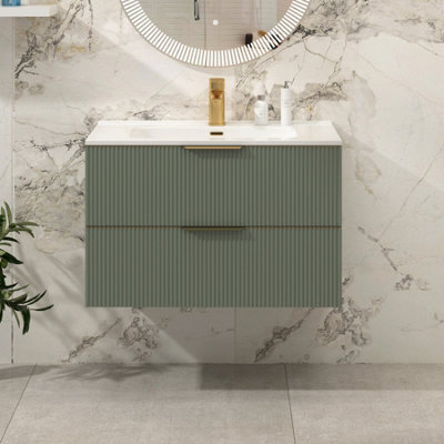 Royal Bathrooms Evora 800mm Sage Green Fluted Wall Hung Bathroom Vanity Unit 2 Drawer Cabinet Storage With Ceramic Basin & Brushed Brass Handles - image 1