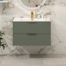 Royal Bathrooms Evora 800mm Sage Green Fluted Wall Hung Bathroom Vanity Unit 2 Drawer Cabinet Storage With Ceramic Basin & Brushed Brass Handles