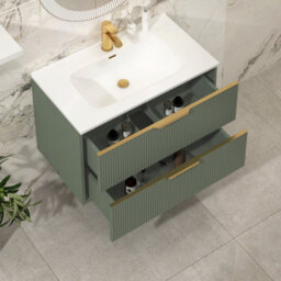 Royal Bathrooms Evora 800mm Sage Green Fluted Wall Hung Bathroom Vanity Unit 2 Drawer Cabinet Storage With Ceramic Basin & Brushed Brass Handles - thumbnail 5