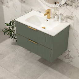 Royal Bathrooms Evora 800mm Sage Green Fluted Wall Hung Bathroom Vanity Unit 2 Drawer Cabinet Storage With Ceramic Basin & Brushed Brass Handles - thumbnail 6