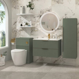 Royal Bathrooms Evora 800mm Sage Green Fluted Wall Hung Bathroom Vanity Unit 2 Drawer Cabinet Storage With Ceramic Basin & Brushed Brass Handles - thumbnail 4