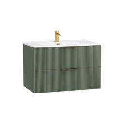 Royal Bathrooms Evora 800mm Sage Green Fluted Wall Hung Bathroom Vanity Unit 2 Drawer Cabinet Storage With Ceramic Basin & Brushed Brass Handles - thumbnail 7