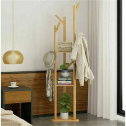 Retro Wood Coat Rack Stand Garment Tree Hanger Clothes Suits Jacket Narrow Space - thumbnail 4