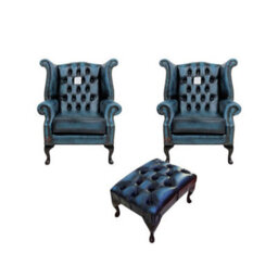 Chesterfield 2 X Chairs+Footstool Antique Blue Leather Chairs Offer In Queen Anne Style