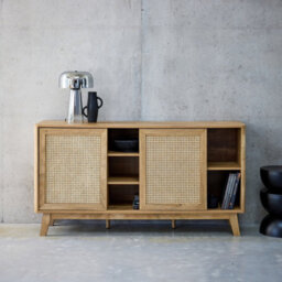 Sweeek - 150Cm Sideboard With 2 Sliding Doors And Shelves Wood Effect And Cane Detail - thumbnail 5