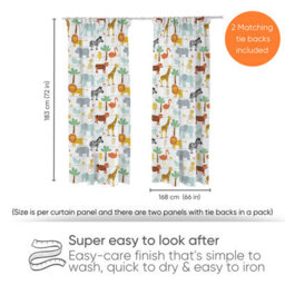 Bloomsbury Mill -  Jungle Animal Curtains For Kids Bedroom - Lined Curtain Pair  With Tie Backs 66 X 72 Inch Or 168Cm X 183Cm - thumbnail 2