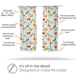 Bloomsbury Mill -  Jungle Animal Curtains For Kids Bedroom - Lined Curtain Pair  With Tie Backs 66 X 72 Inch Or 168Cm X 183Cm - thumbnail 4