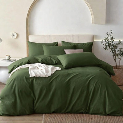Oxford Homeware Olive Green Single Plain Dyed Duvet Cover, Fitted Sheet & Pillowcases Set 4 Piece Bed Sets - image 1