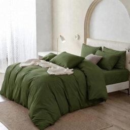 Oxford Homeware Olive Green Single Plain Dyed Duvet Cover, Fitted Sheet & Pillowcases Set 4 Piece Bed Sets - thumbnail 2